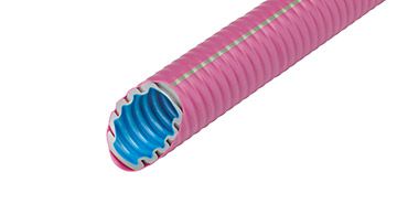 Rosa Wellrohr mit blauem Innenrohr, Produkt von Fränkische, für Kabelschutz oder Elektroinstallationen.